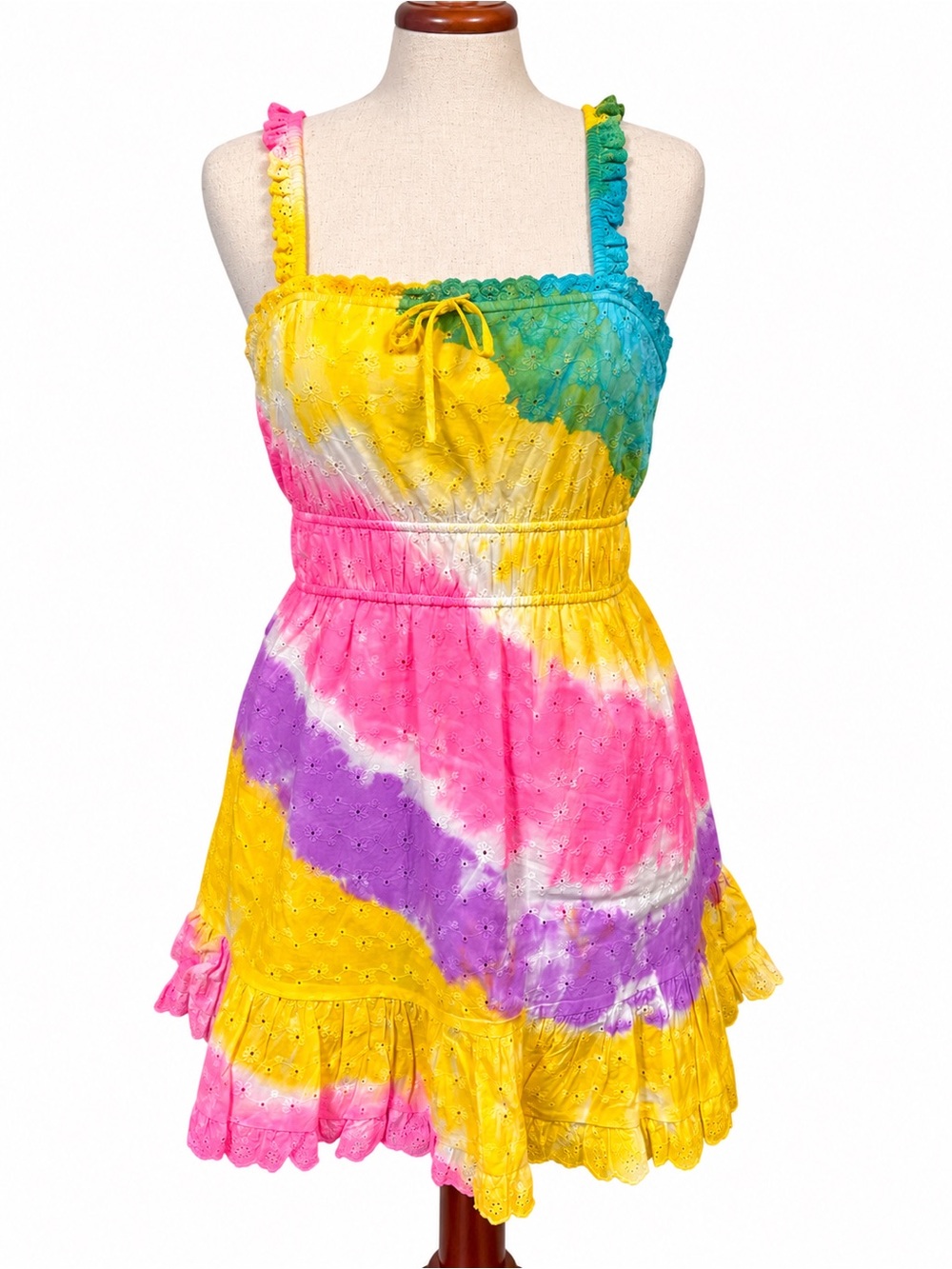 Colorful Tie-Dye Eyelet Sundress — Yellow, Pink, Purple, Teal size xs